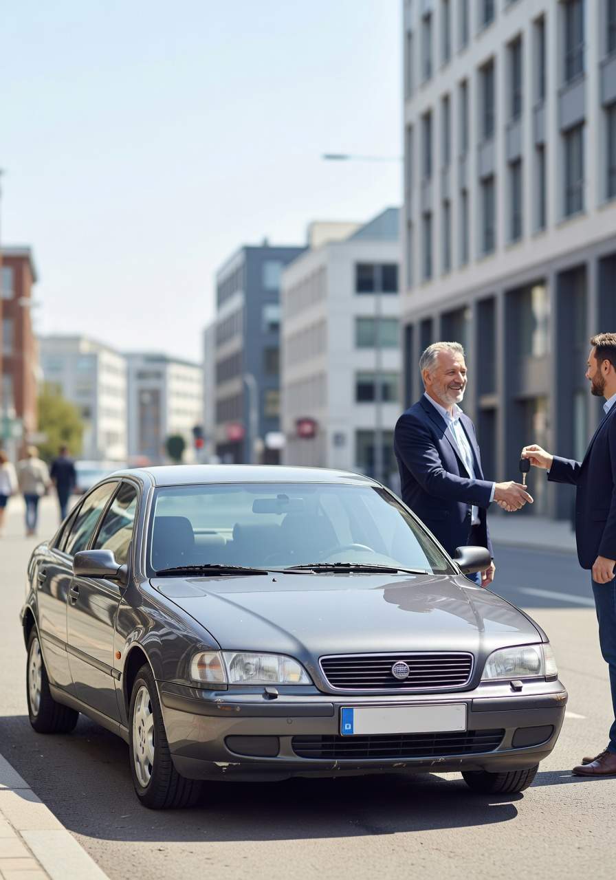 Team in Werl, ein erfahrener Fahrzeugexperte aus Werl nimmt das Fahrzeug eines zufriedenen Kunden ab. Seitlich steht der Wagen neben beiden.